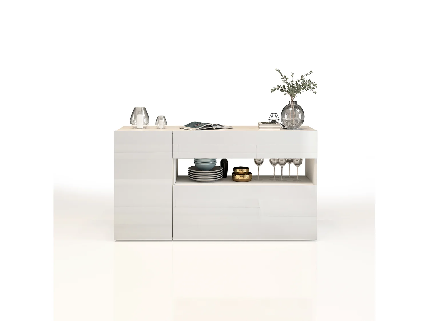 Aparador Potenza con 1 puerta, 1 puerta abatible y 1 cajón blanco brillo 140x40x81 cm
