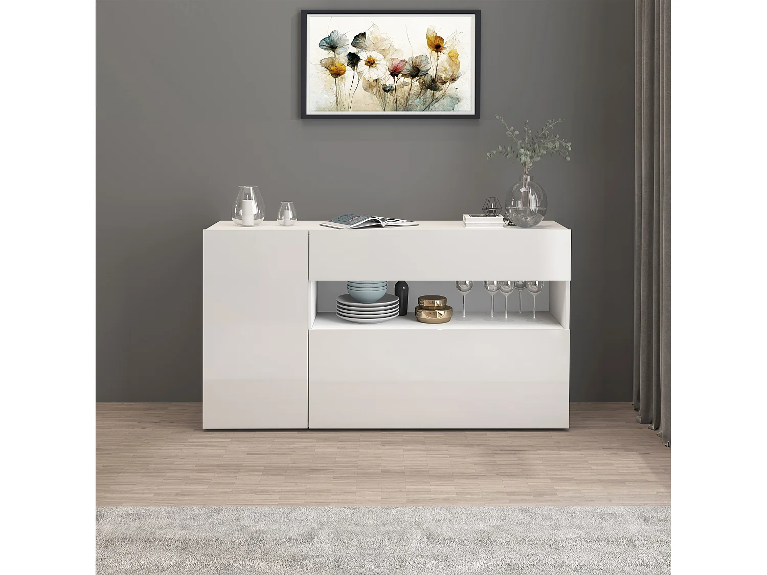 Aparador Potenza con 1 puerta, 1 puerta abatible y 1 cajón blanco brillo 140x40x81 cm