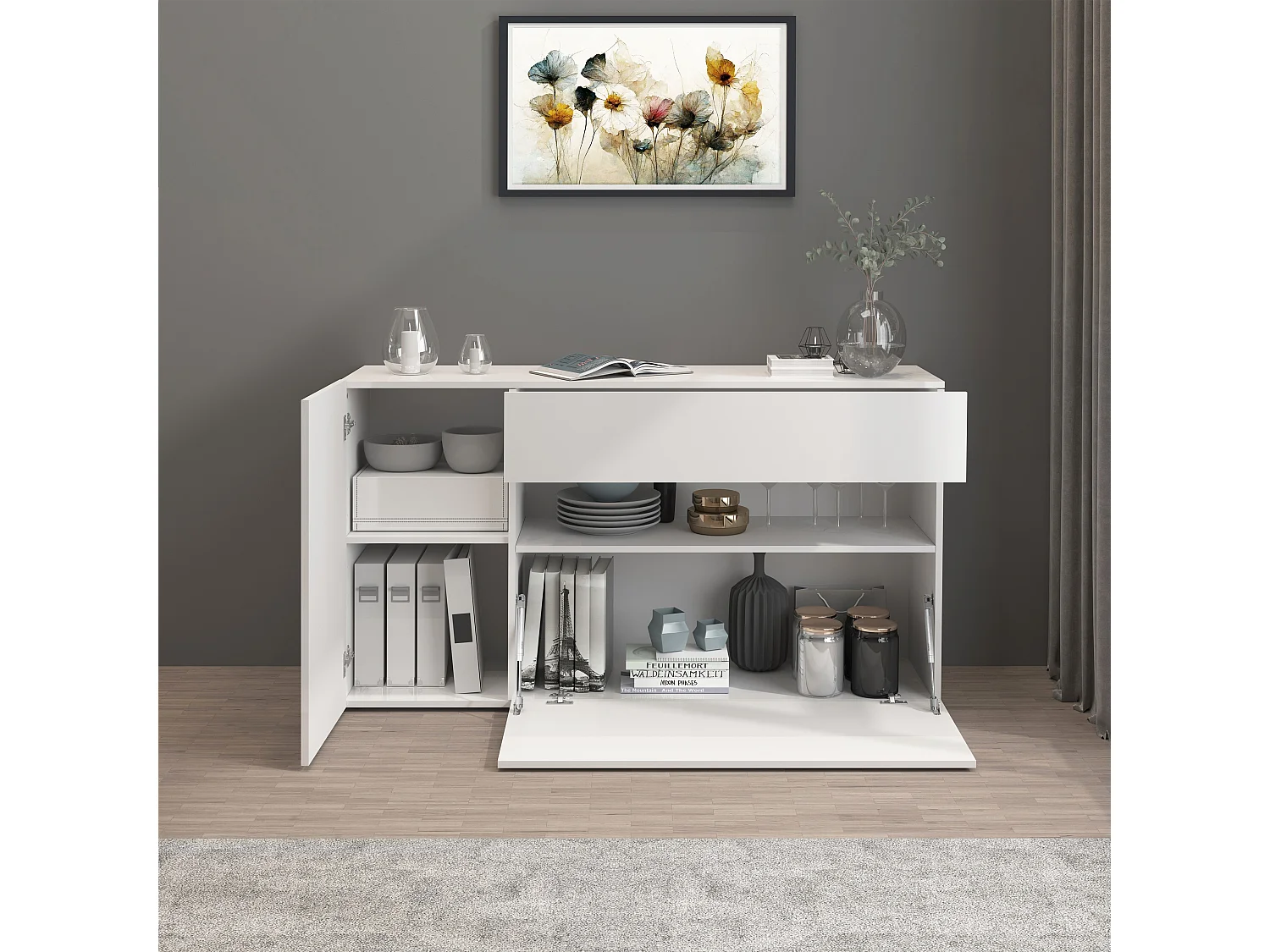 Aparador Potenza con 1 puerta, 1 puerta abatible y 1 cajón blanco brillo 140x40x81 cm