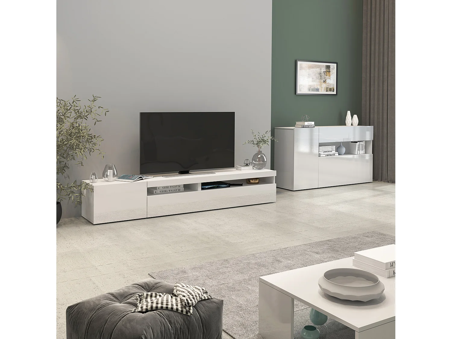 Aparador Potenza con 1 puerta, 1 puerta abatible y 1 cajón blanco brillo 140x40x81 cm