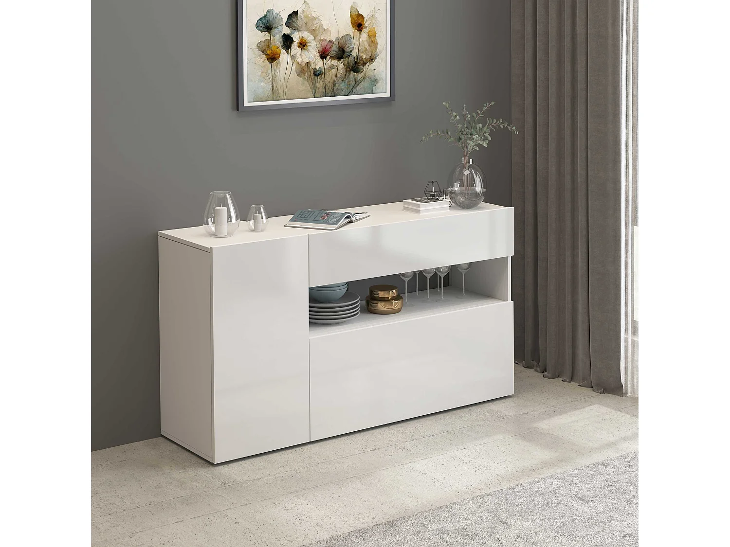 Aparador Potenza con 1 puerta, 1 puerta abatible y 1 cajón blanco brillo 140x40x81 cm