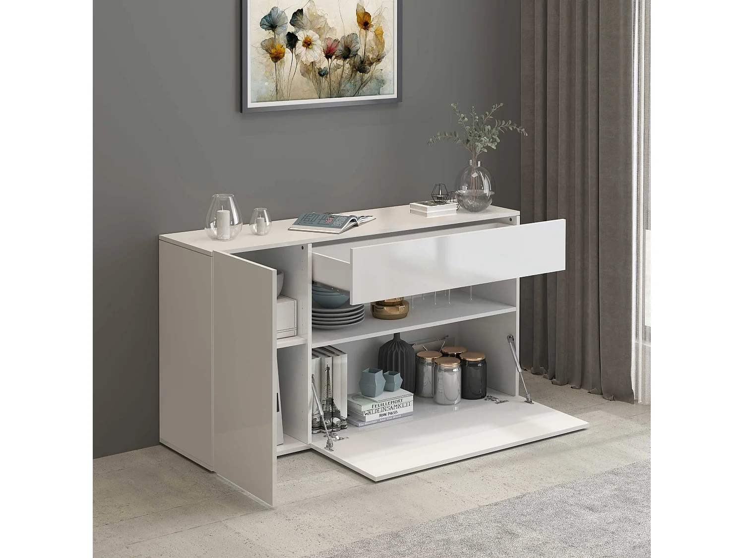 Aparador Potenza con 1 puerta, 1 puerta abatible y 1 cajón blanco brillo 140x40x81 cm