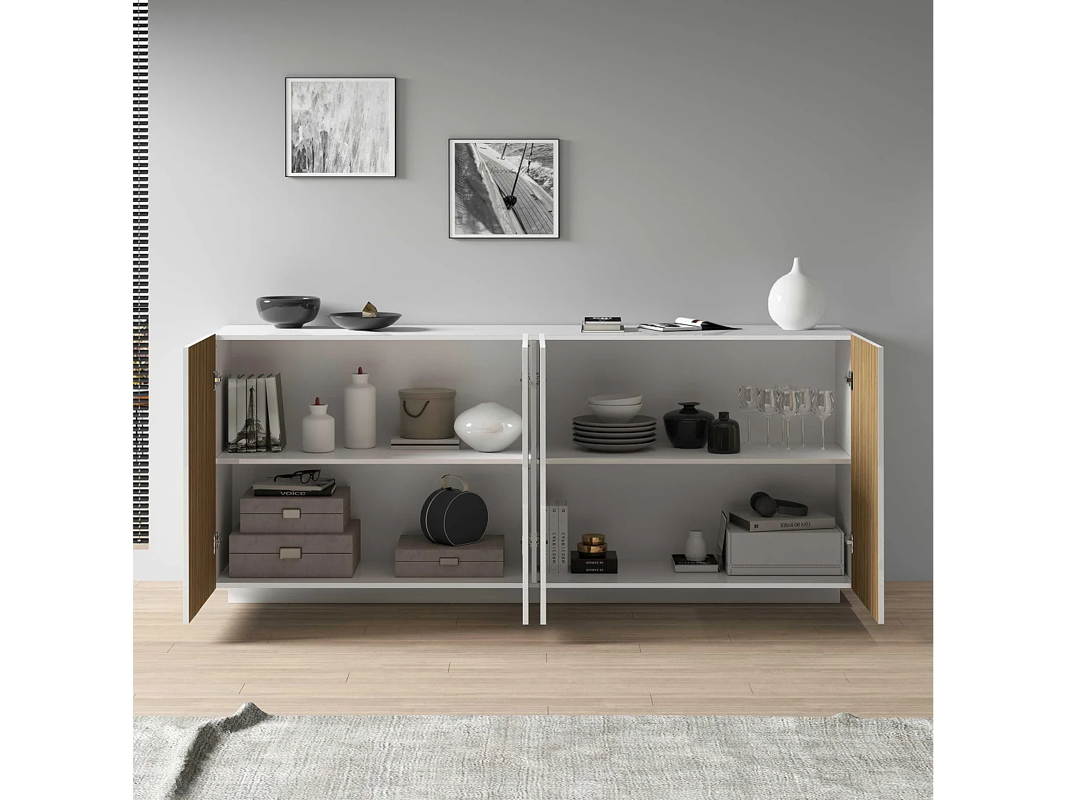 Credenza Coste a 4 ante effetto cannetè bianco opaco e legno chiaro 200x43x86 cm