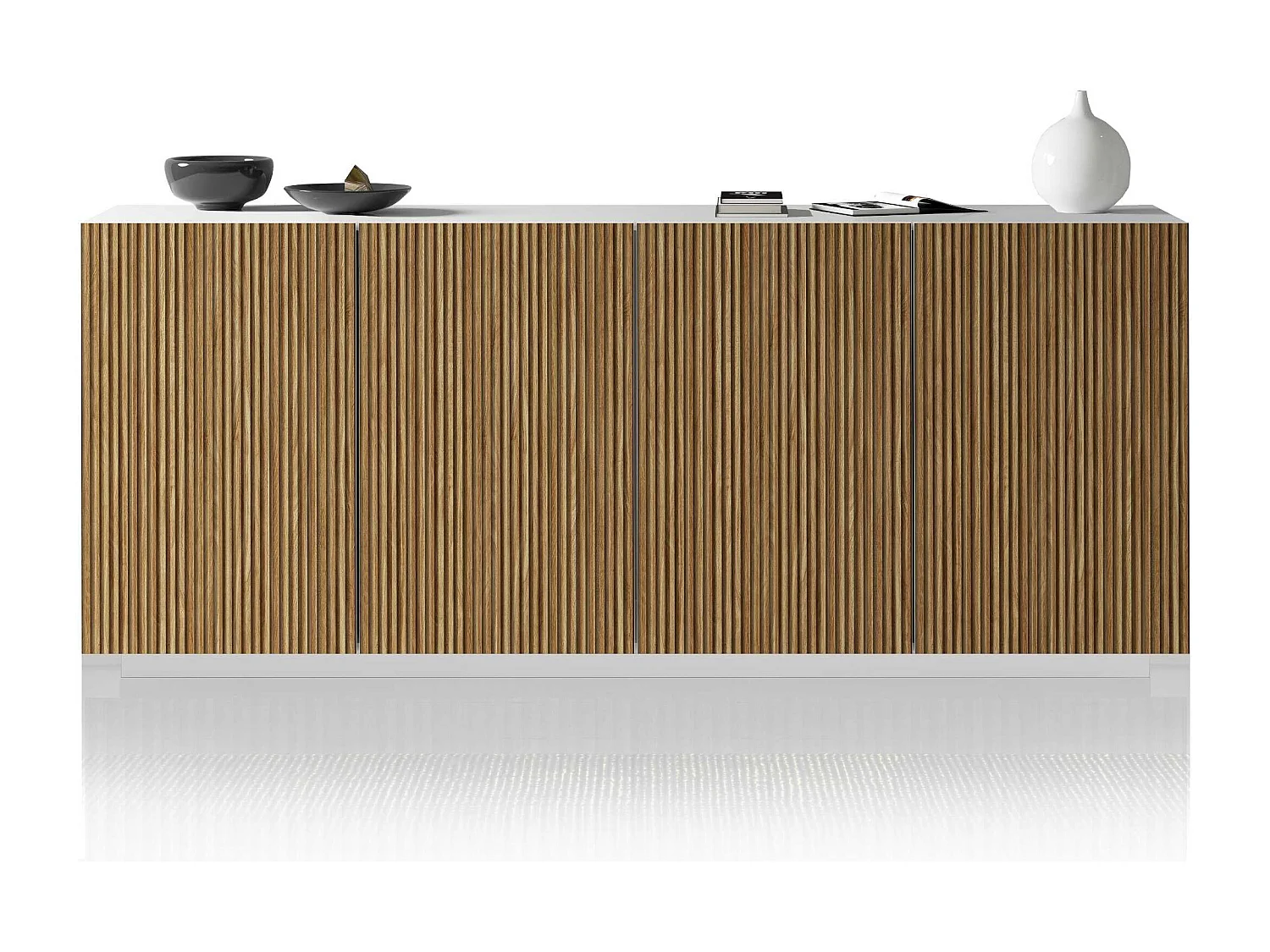 Credenza Coste a 4 ante effetto cannetè bianco opaco e legno chiaro 200x43x86 cm