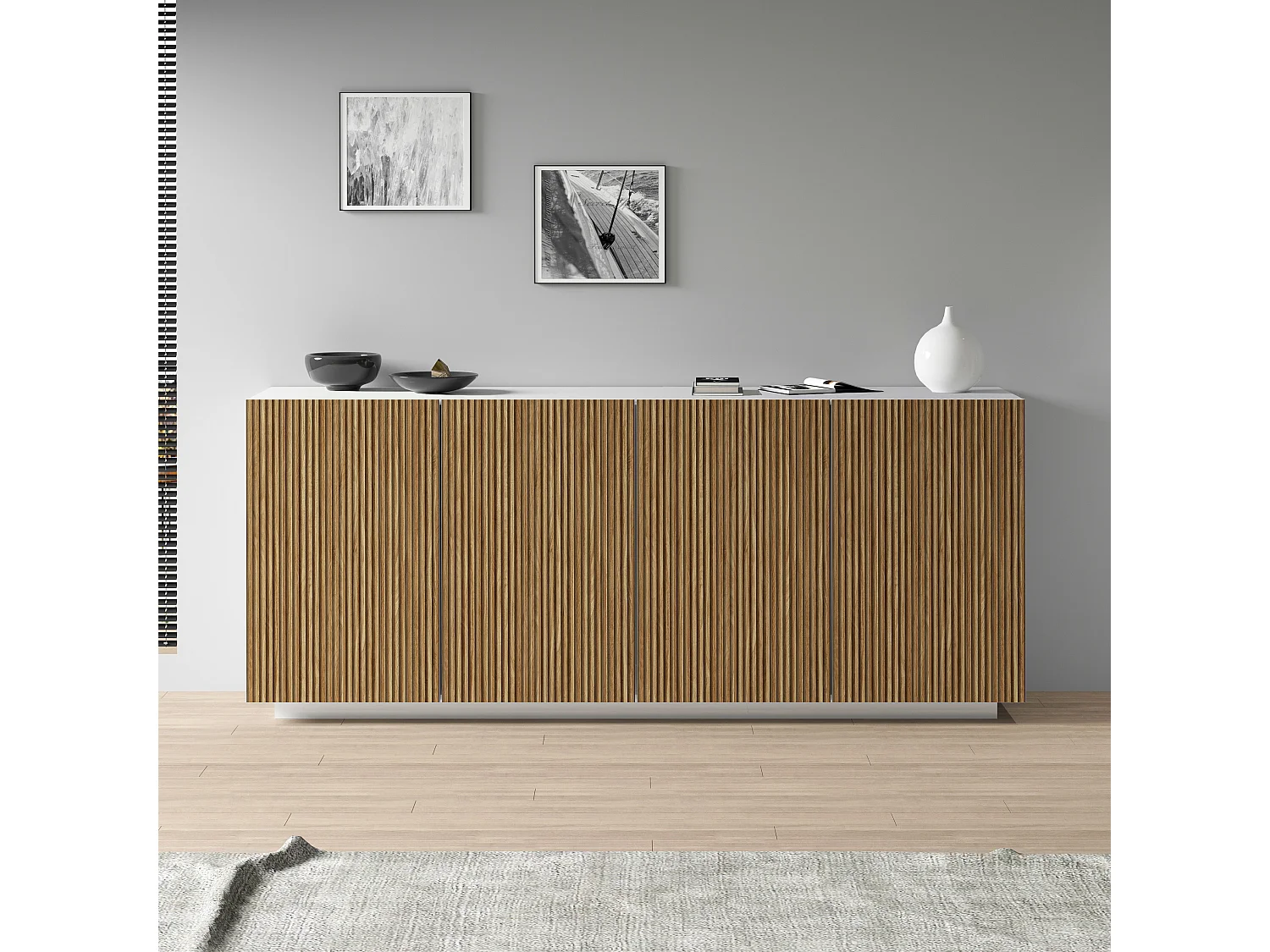 Buffet Coste à 4 portes effet cannelé couleur blanc mat et bois clair 200x43x86 cm