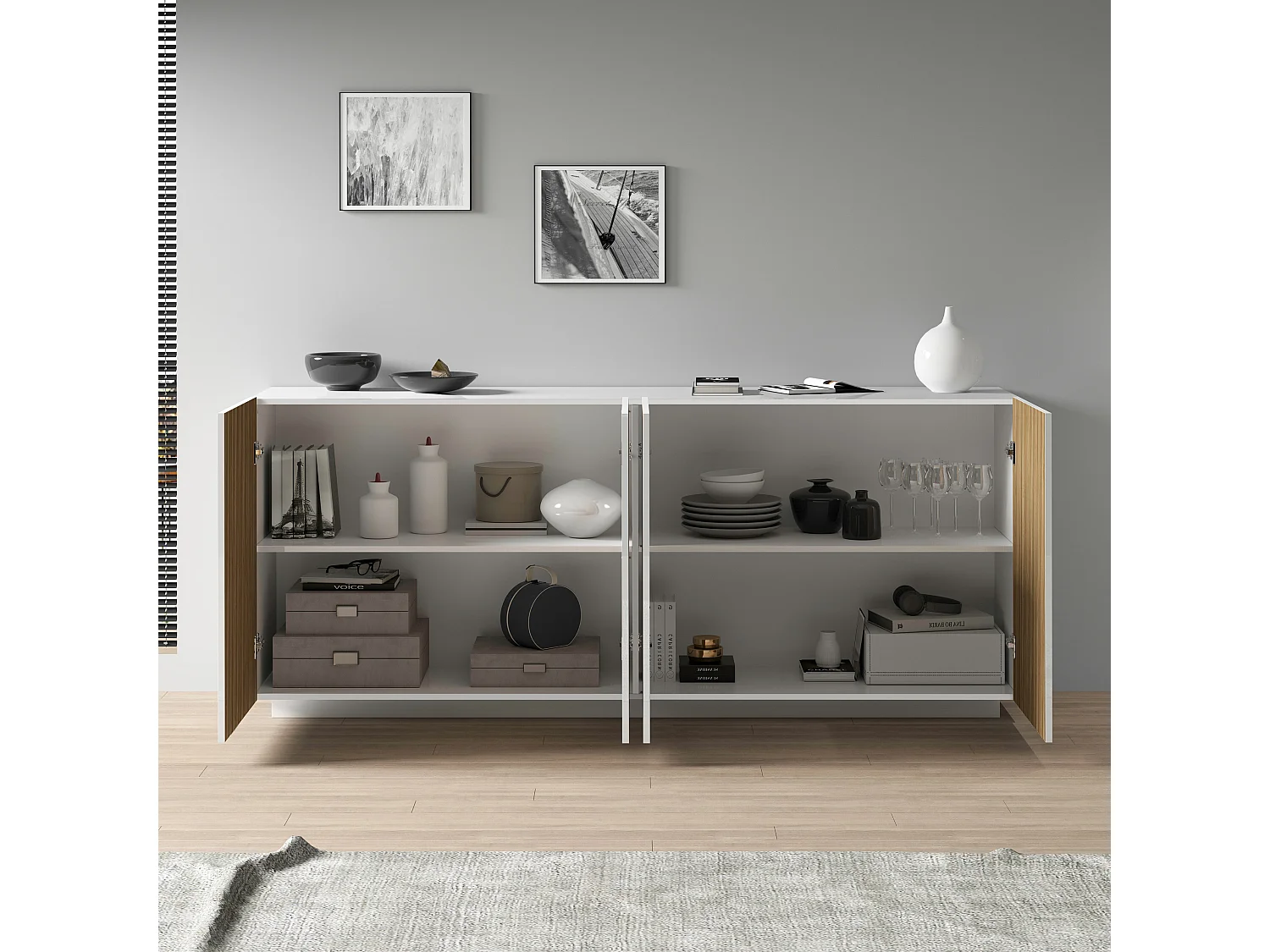 Buffet Coste à 4 portes effet cannelé couleur blanc mat et bois clair 200x43x86 cm