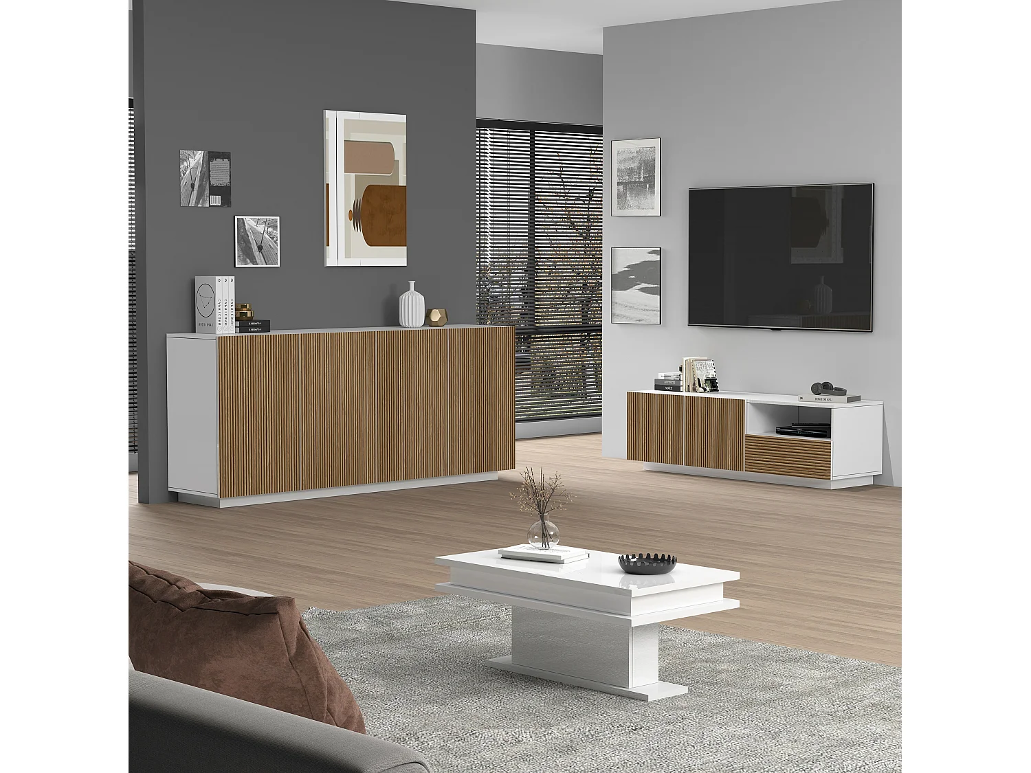 Buffet Coste à 4 portes effet cannelé couleur blanc mat et bois clair 200x43x86 cm