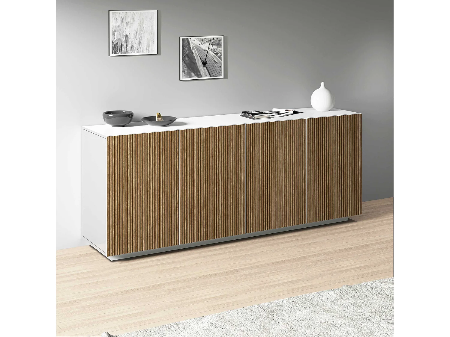 Buffet Coste à 4 portes effet cannelé couleur blanc mat et bois clair 200x43x86 cm