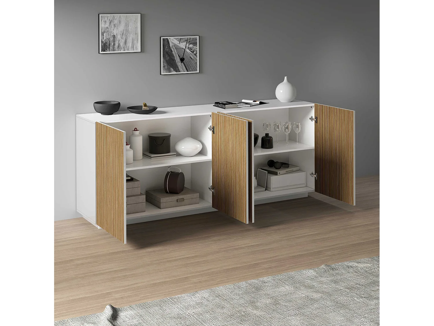 Buffet Coste à 4 portes effet cannelé couleur blanc mat et bois clair 200x43x86 cm