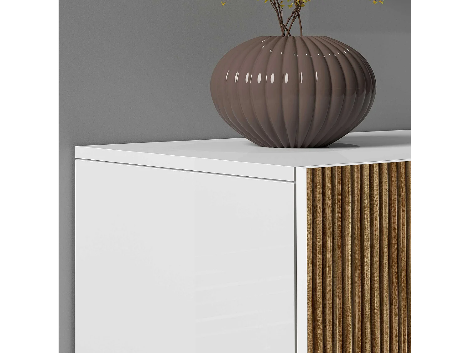 Buffet Coste à 4 portes effet cannelé couleur blanc mat et bois clair 200x43x86 cm