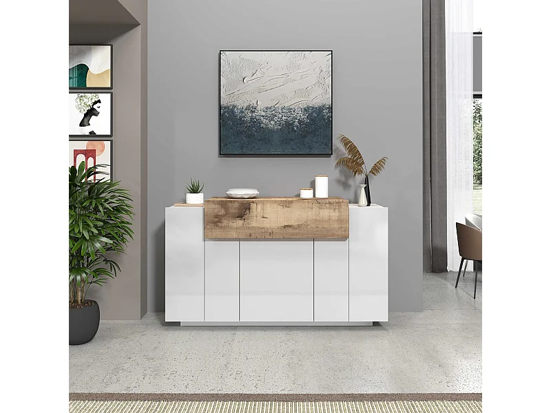 Credenza Corona 3 ante bianco lucido e acero pereira 140x45x85 cm