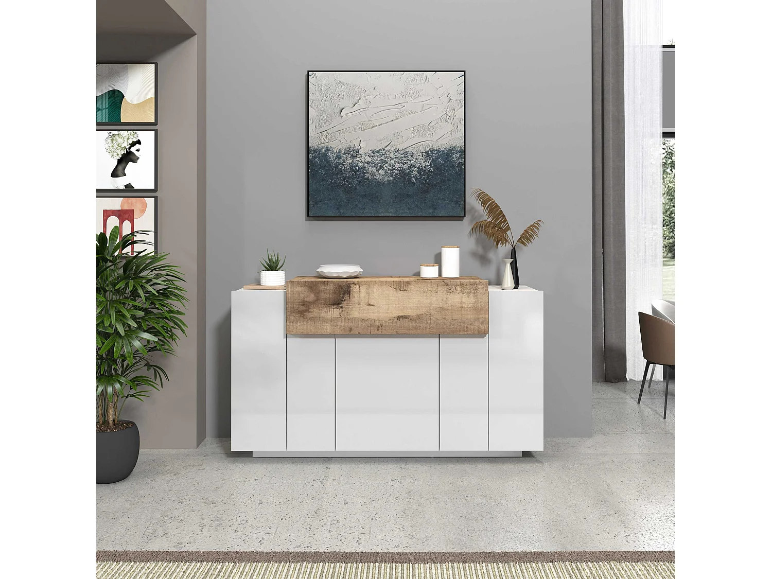 Credenza Corona 3 ante bianco lucido e acero pereira 140x45x85 cm