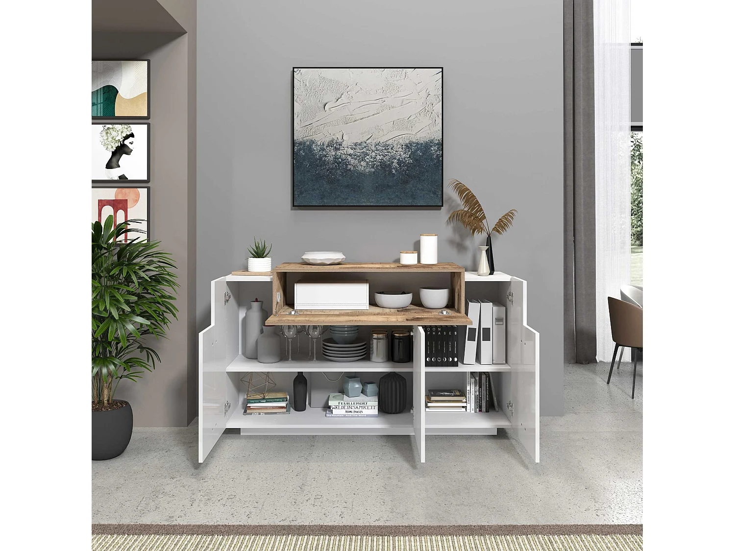 Credenza Corona 3 ante bianco lucido e acero pereira 140x45x85 cm