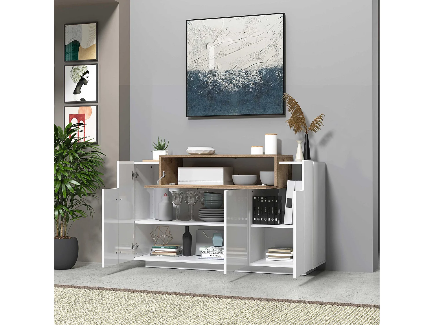 Credenza Corona 3 ante bianco lucido e acero pereira 140x45x85 cm