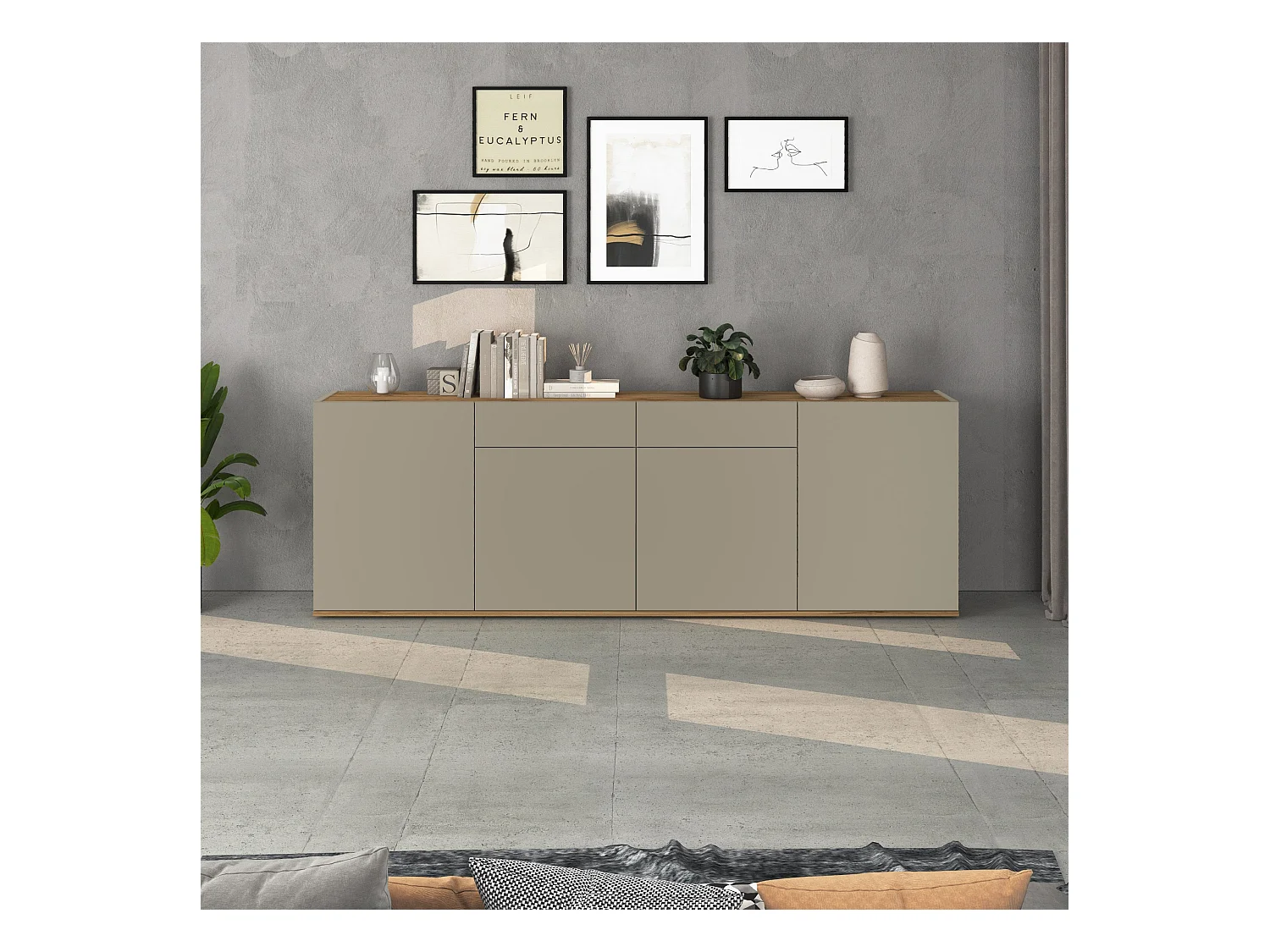 Madia Garda a 4 ante e 2 cassetti tortora opaco e rovere 200x35x71 cm