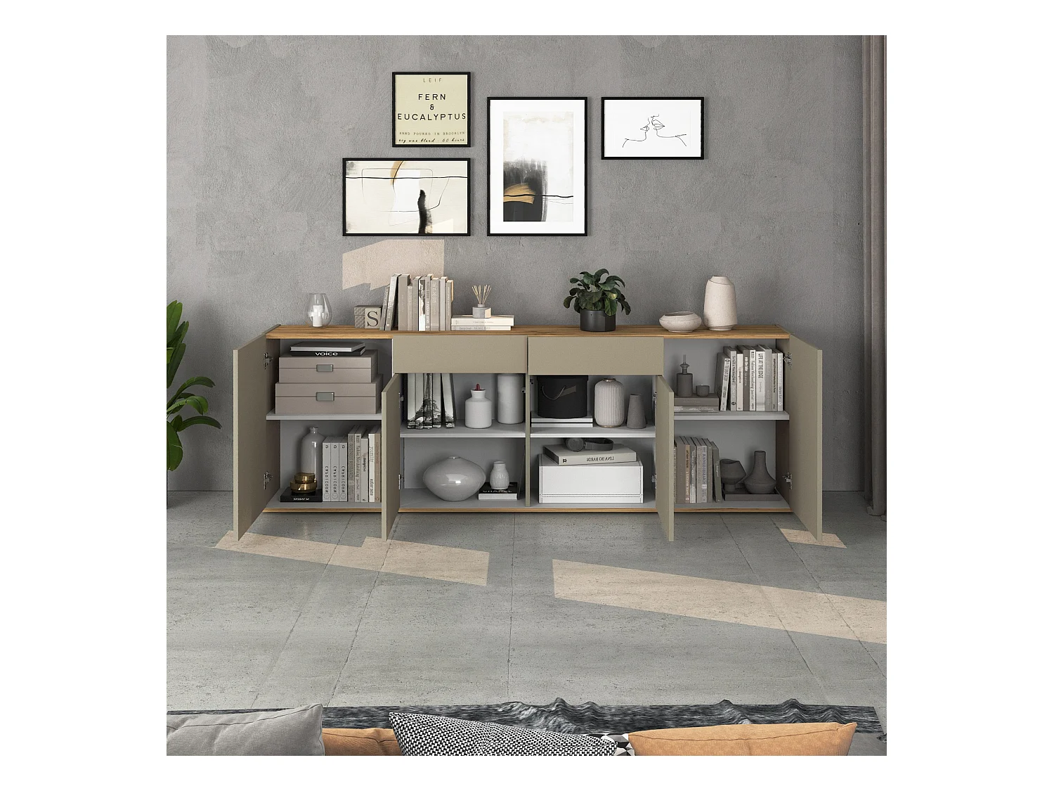 Madia Garda a 4 ante e 2 cassetti tortora opaco e rovere 200x35x71 cm