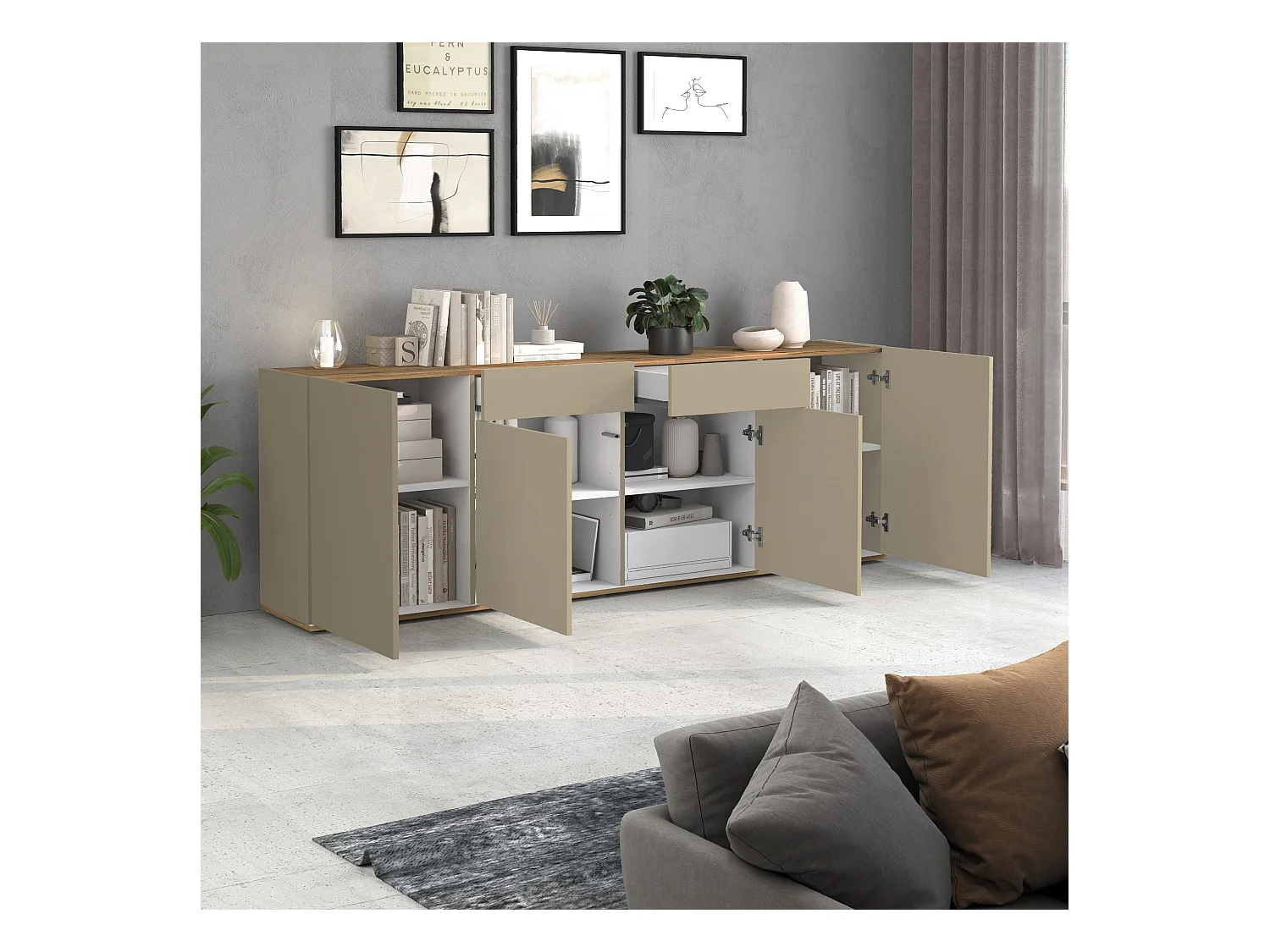 Madia Garda a 4 ante e 2 cassetti tortora opaco e rovere 200x35x71 cm