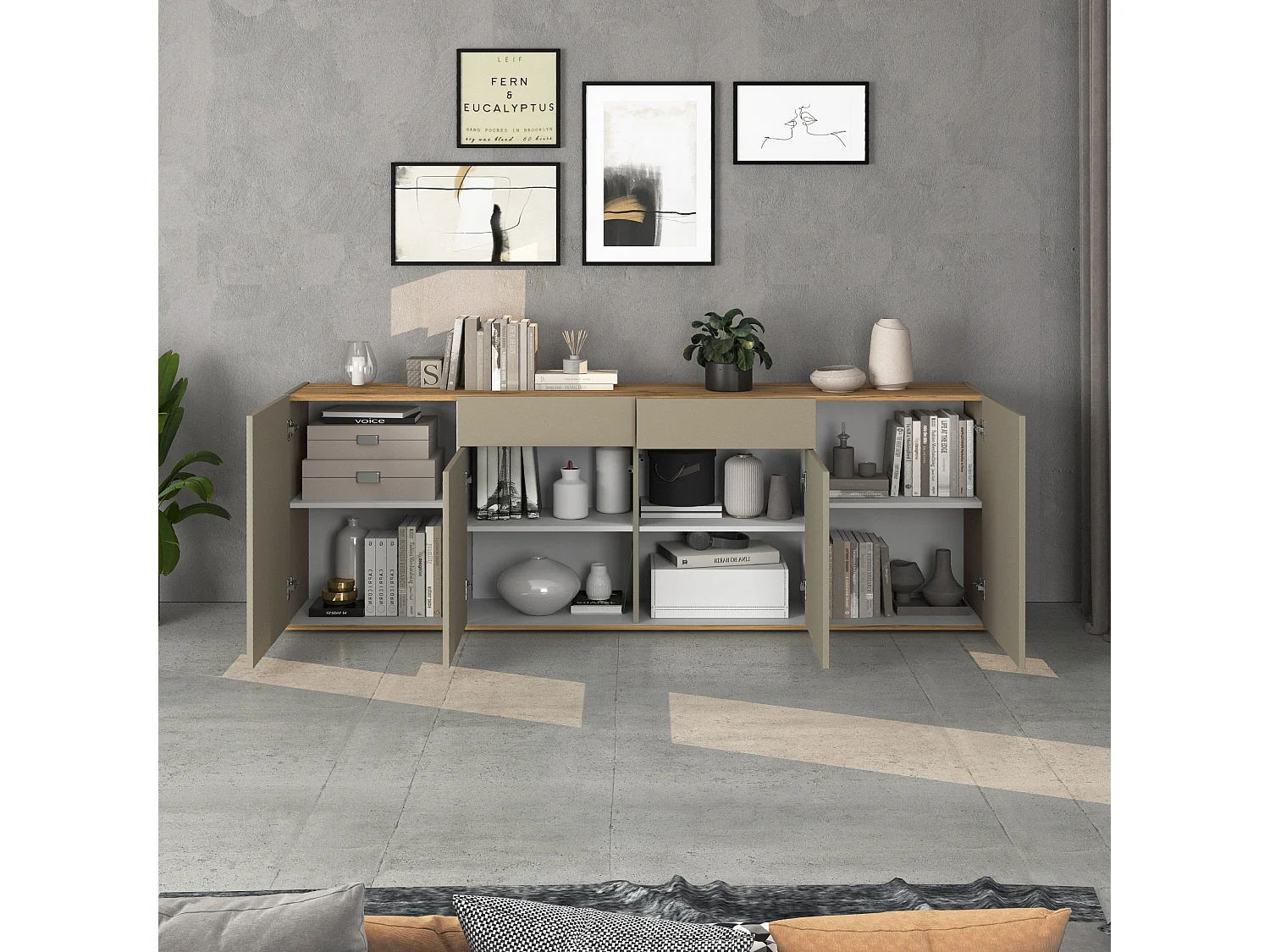 Madia Garda a 4 ante e 2 cassetti tortora opaco e rovere 200x35x71 cm