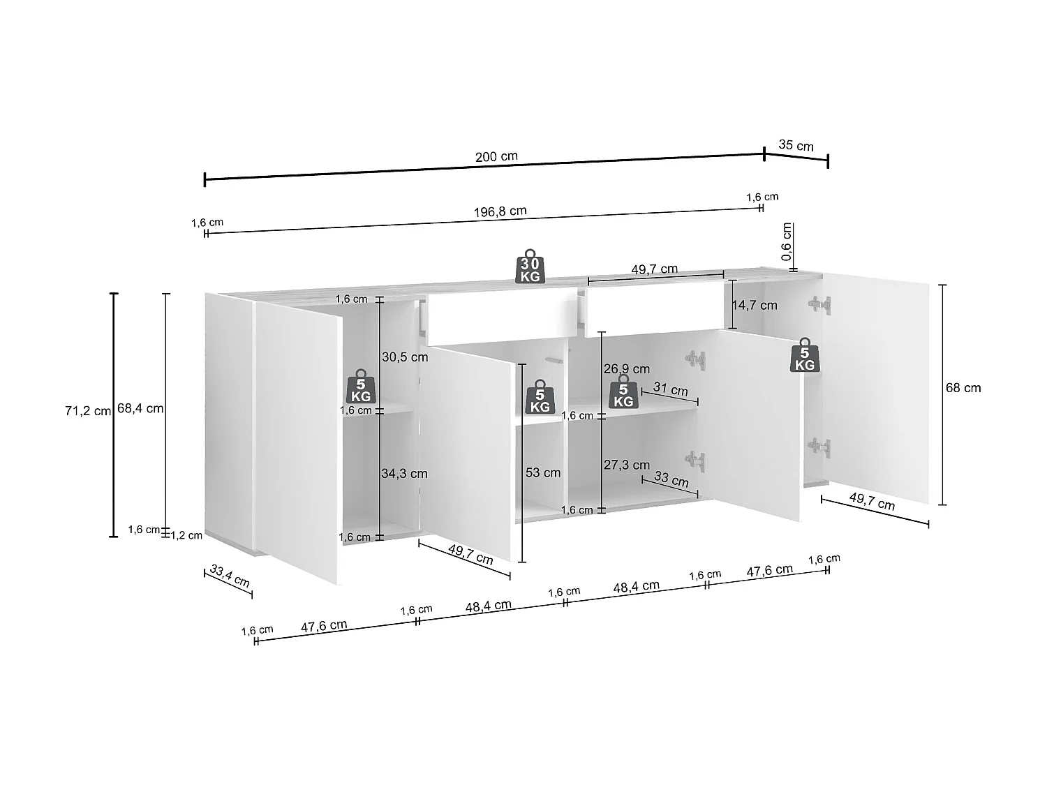 Madia Garda a 4 ante e 2 cassetti tortora opaco e rovere 200x35x71 cm