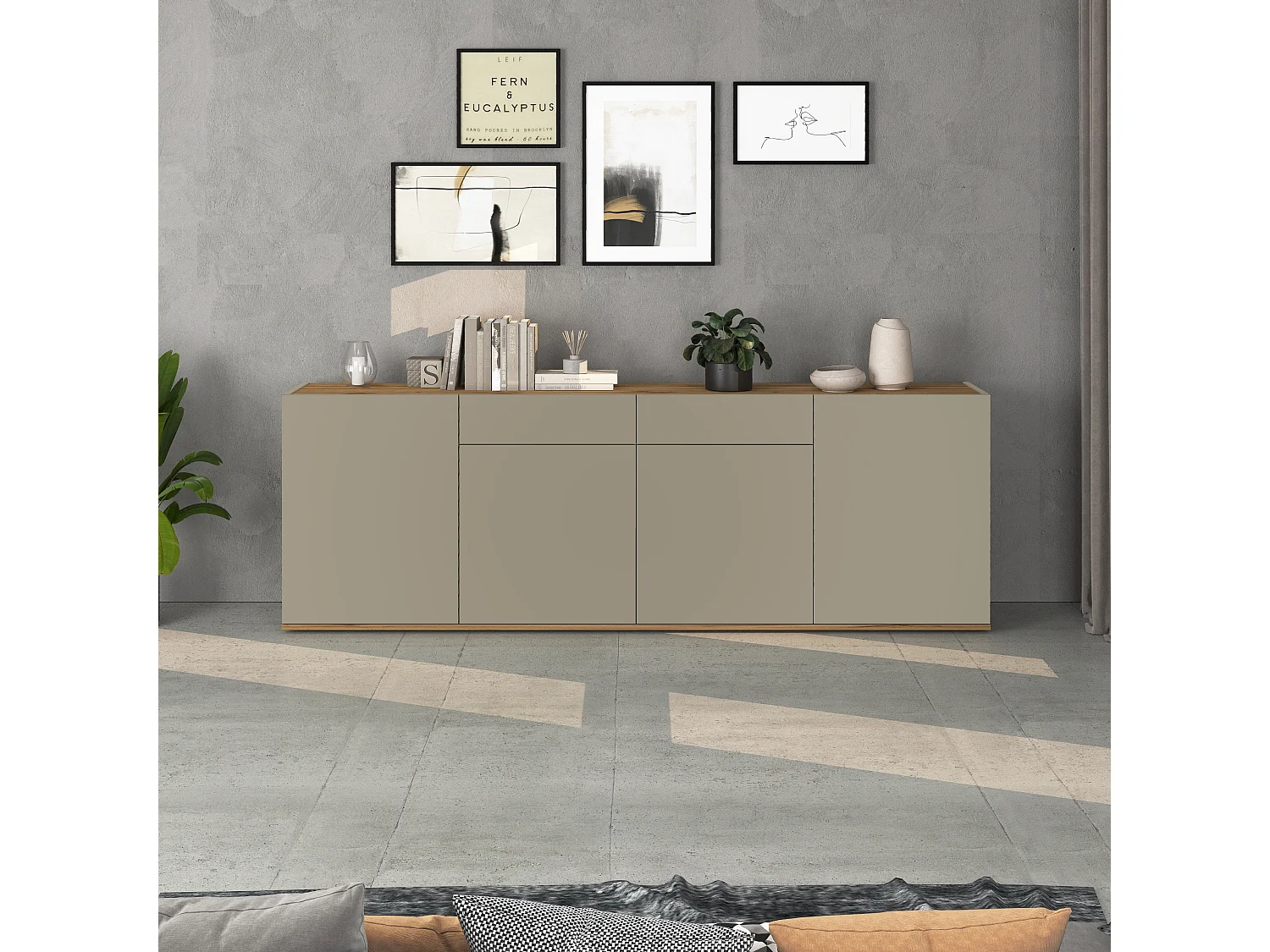 Aparador Garda con 4 puertas y 2 cajones topo mate y roble 200x35x71 cm