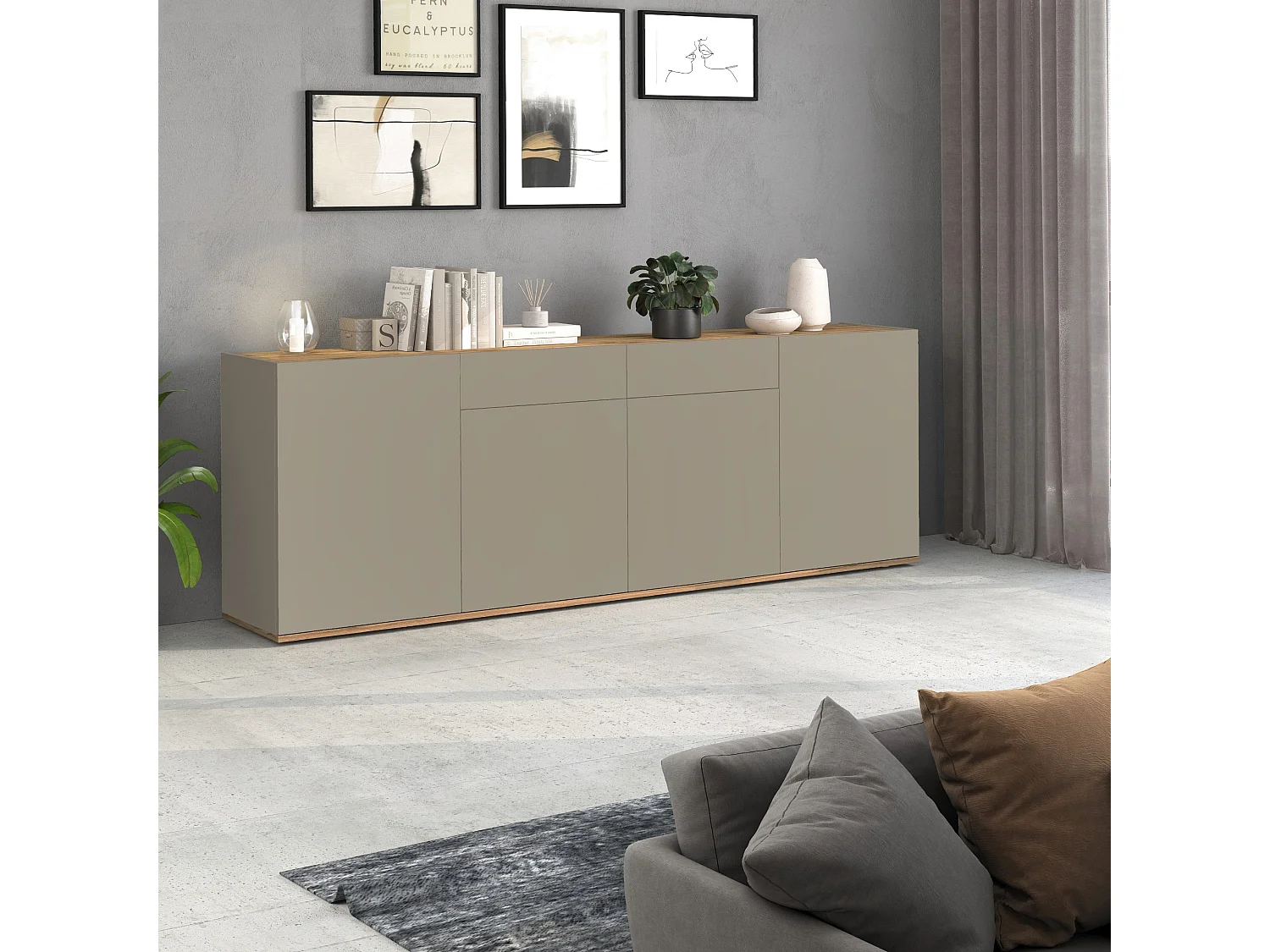 Aparador Garda con 4 puertas y 2 cajones topo mate y roble 200x35x71 cm