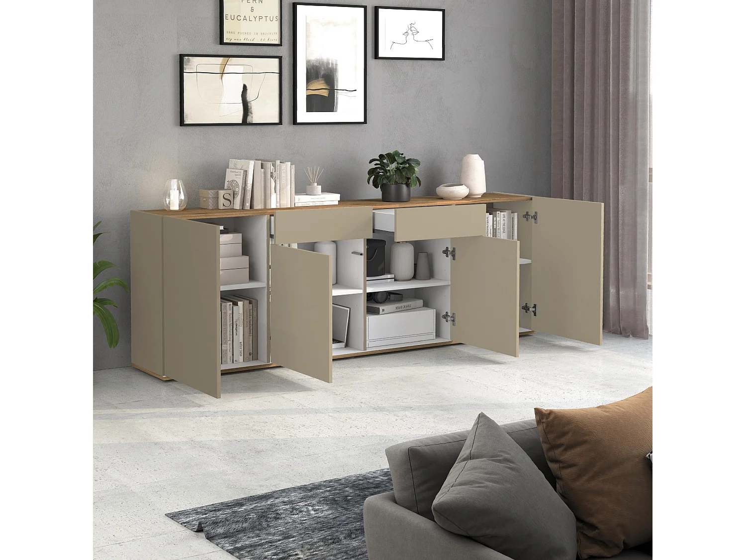 Aparador Garda con 4 puertas y 2 cajones topo mate y roble 200x35x71 cm