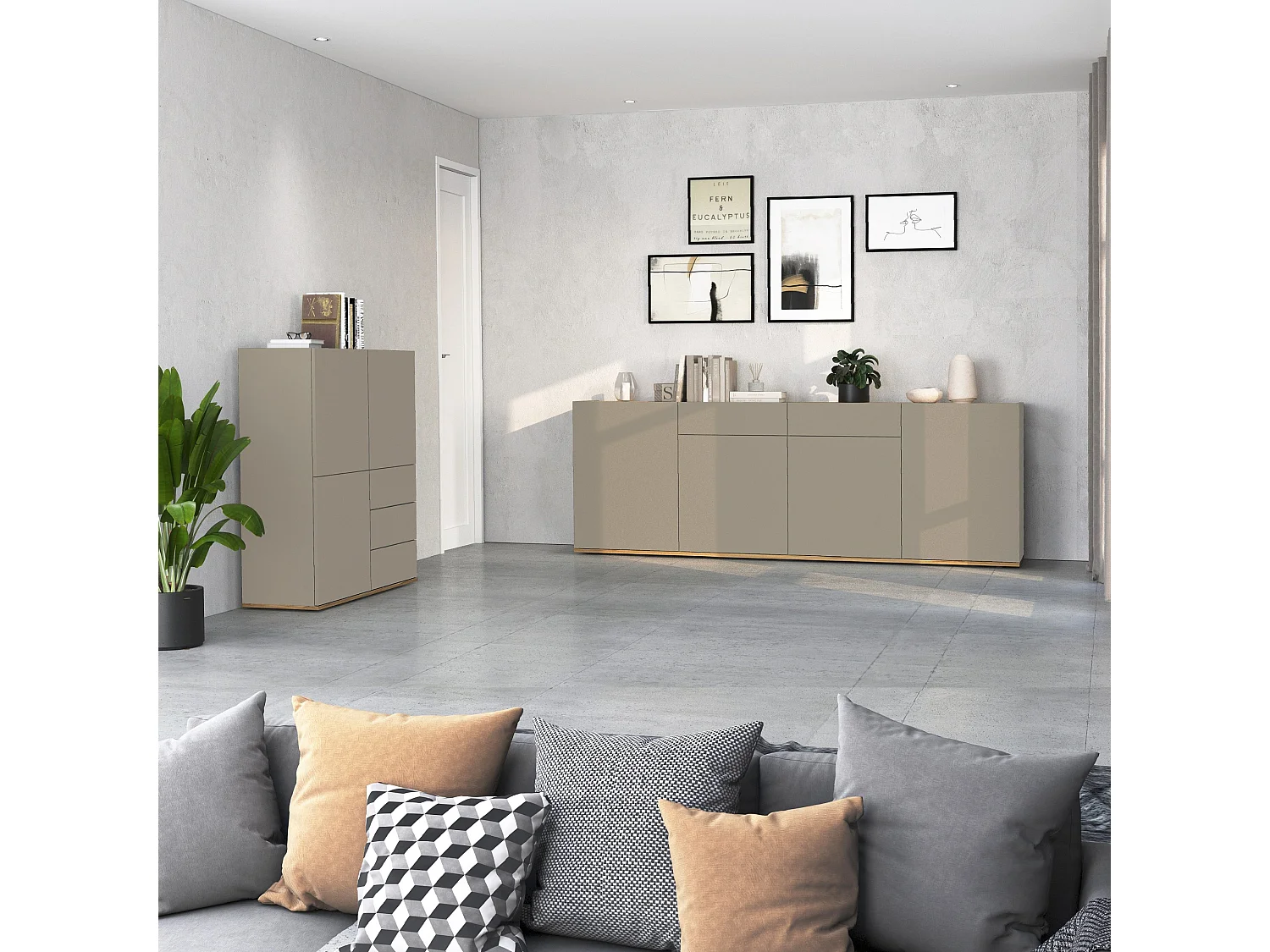 Aparador Garda con 4 puertas y 2 cajones topo mate y roble 200x35x71 cm