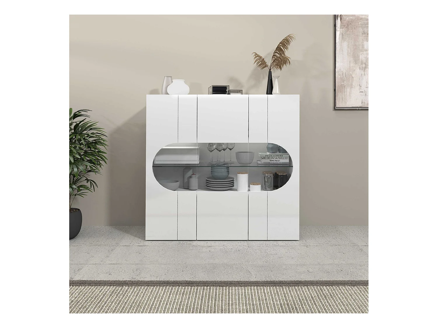 Credenza Real a 3 ante con inserti in vetro espositivi bianco lucido 120x40x120 cm