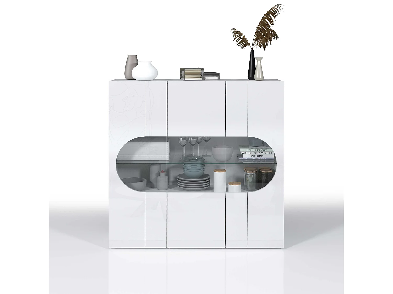 Credenza Real a 3 ante con inserti in vetro espositivi bianco lucido 120x40x120 cm