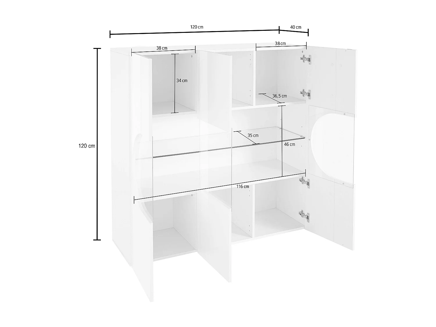 Credenza Real a 3 ante con inserti in vetro espositivi bianco lucido 120x40x120 cm