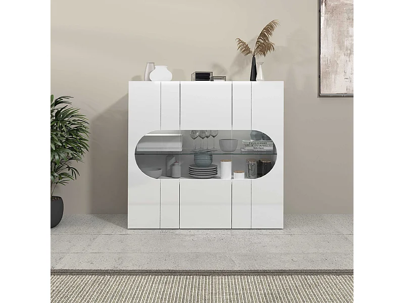 Credenza Real a 3 ante con inserti in vetro espositivi bianco lucido 120x40x120 cm