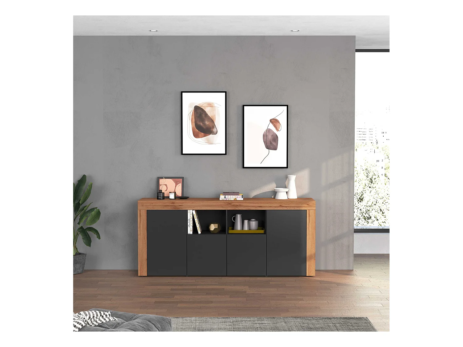 Credenza Chronos 4 ante e 2 vani antracite opaco e rovere 200x40x85 cm