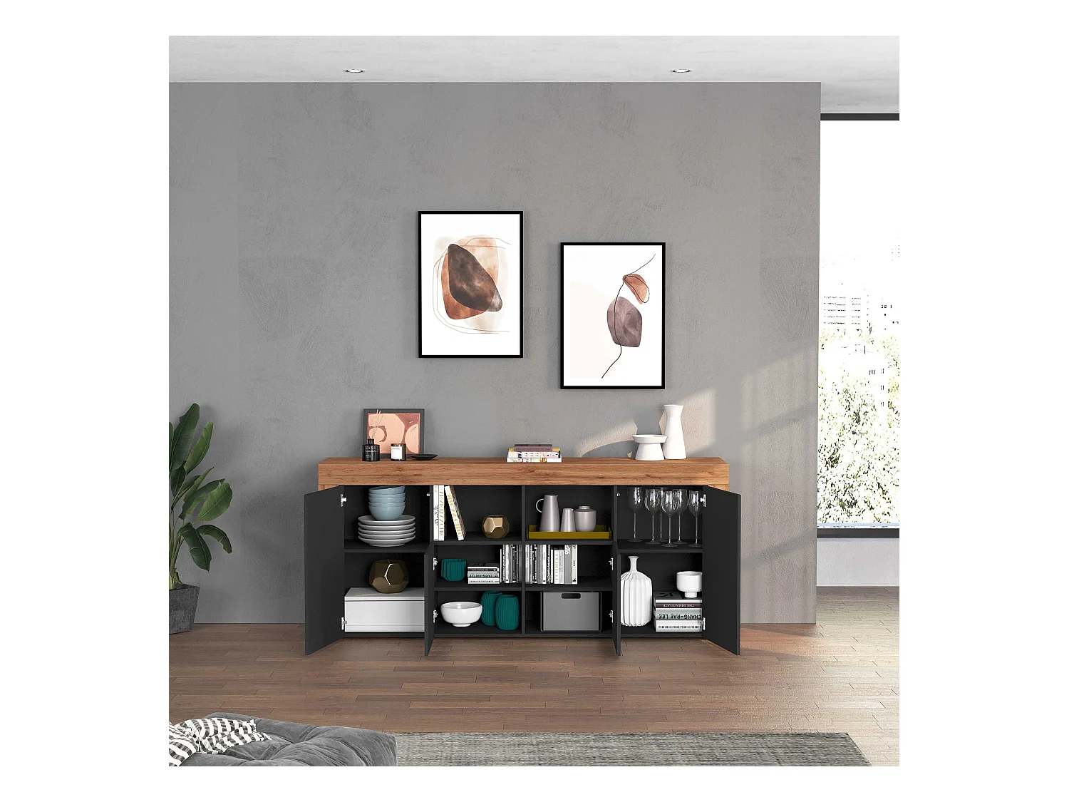 Credenza Chronos 4 ante e 2 vani antracite opaco e rovere 200x40x85 cm