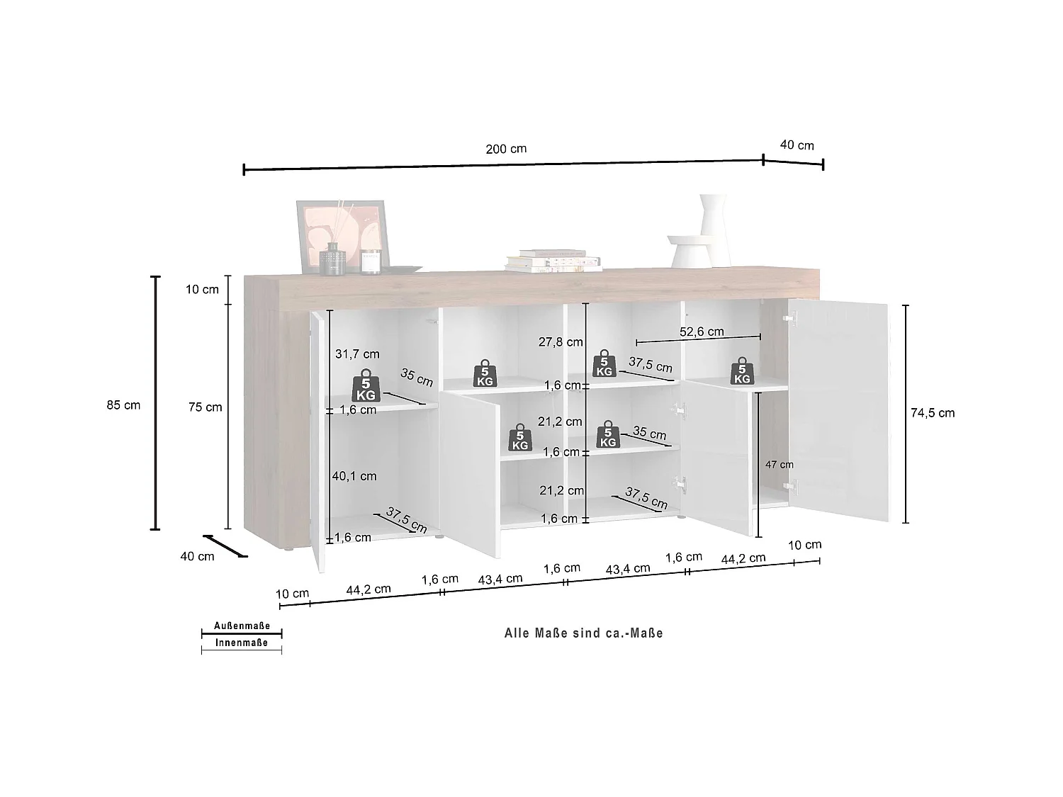 Credenza Chronos 4 ante e 2 vani antracite opaco e rovere 200x40x85 cm