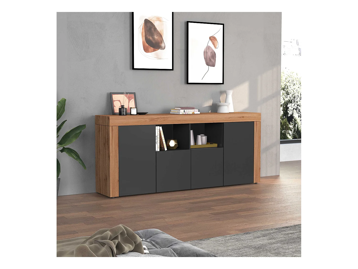 Credenza Chronos 4 ante e 2 vani antracite opaco e rovere 200x40x85 cm