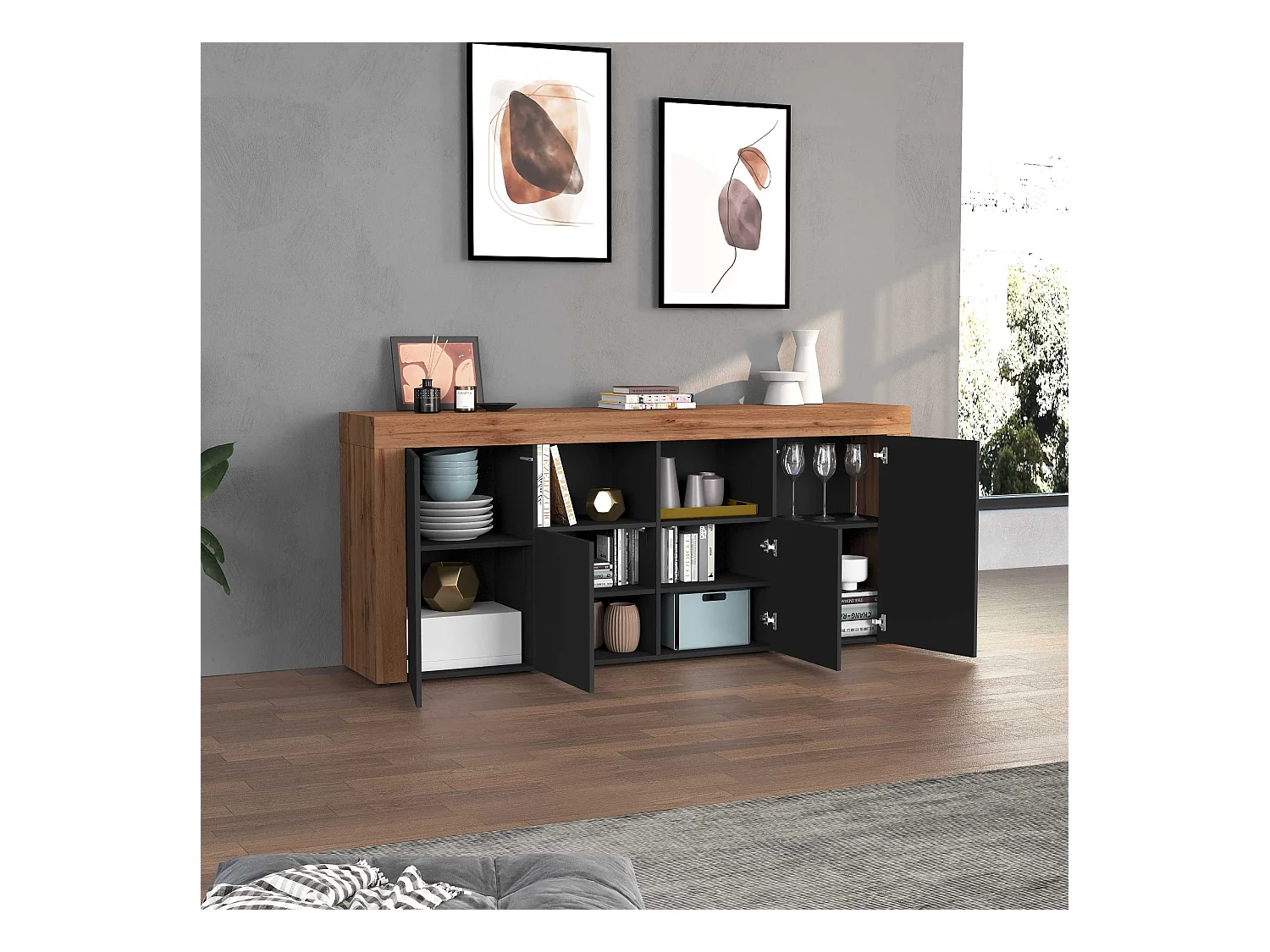 Credenza Chronos 4 ante e 2 vani antracite opaco e rovere 200x40x85 cm