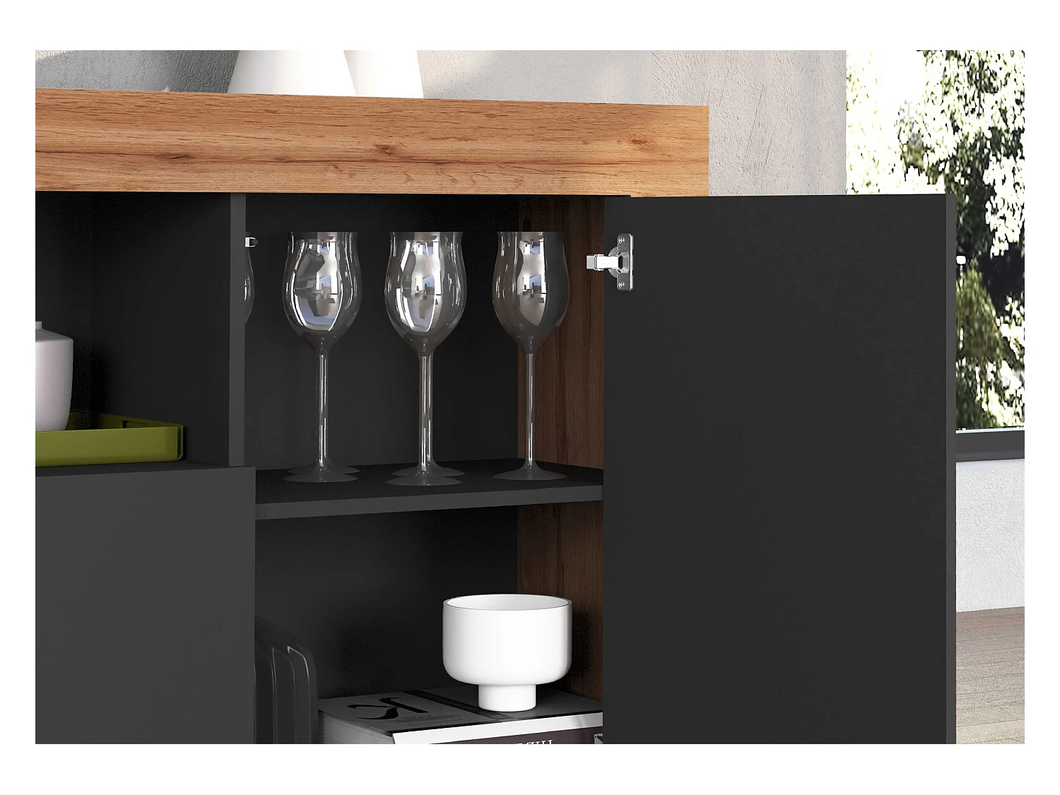 Credenza Chronos 4 ante e 2 vani antracite opaco e rovere 200x40x85 cm