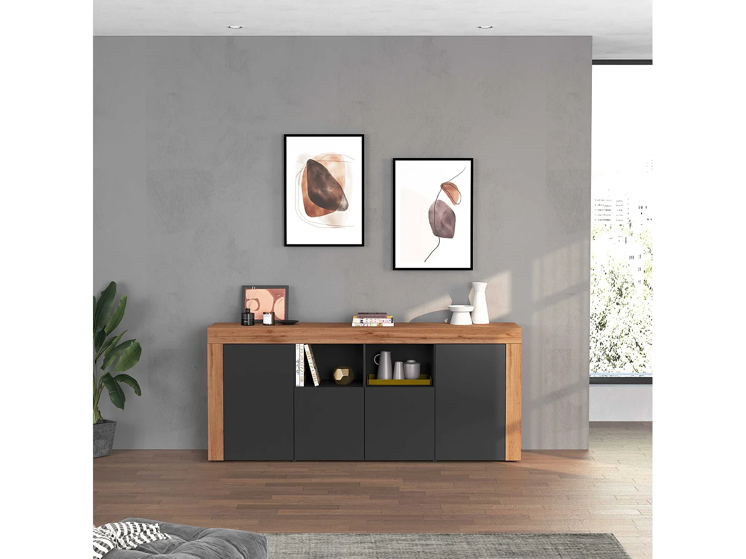 Credenza Chronos 4 ante e 2 vani antracite opaco e rovere 200x40x85 cm