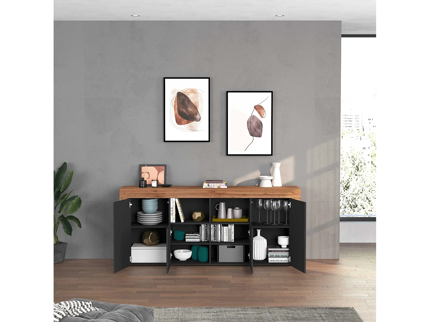 Credenza Chronos 4 ante e 2 vani antracite opaco e rovere 200x40x85 cm