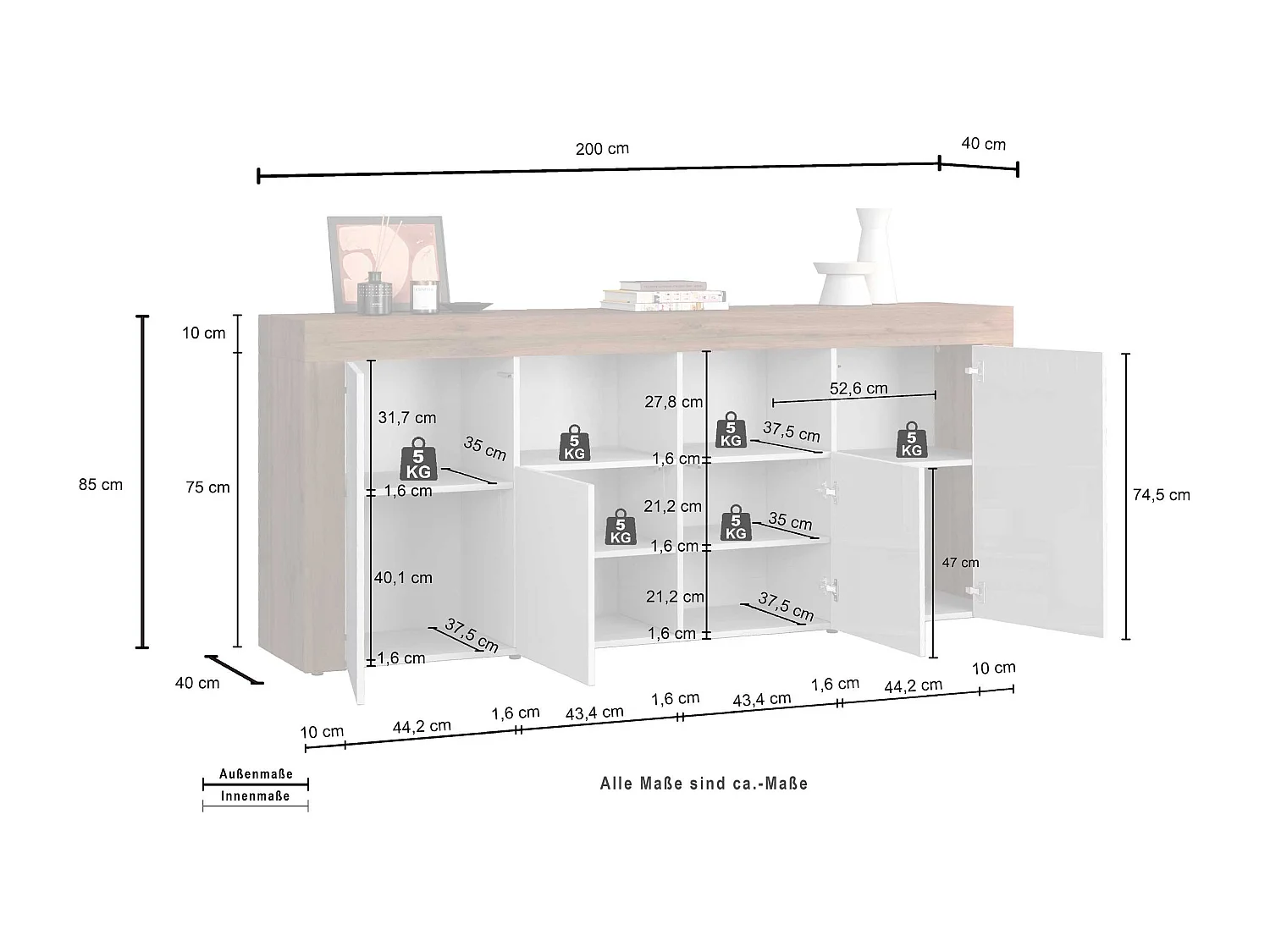 Credenza Chronos 4 ante e 2 vani antracite opaco e rovere 200x40x85 cm