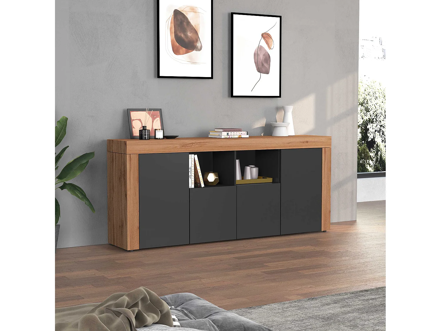 Credenza Chronos 4 ante e 2 vani antracite opaco e rovere 200x40x85 cm