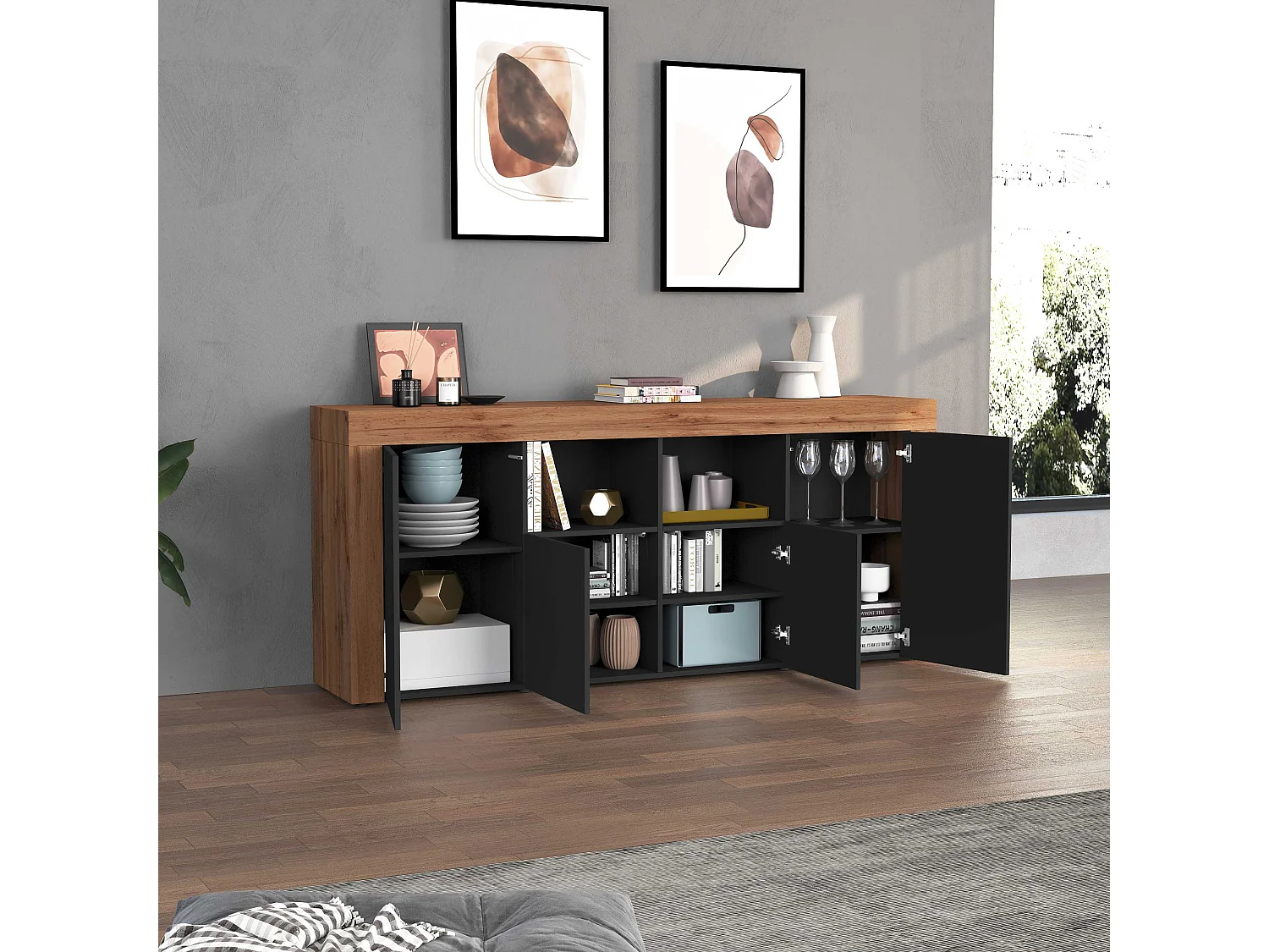 Credenza Chronos 4 ante e 2 vani antracite opaco e rovere 200x40x85 cm
