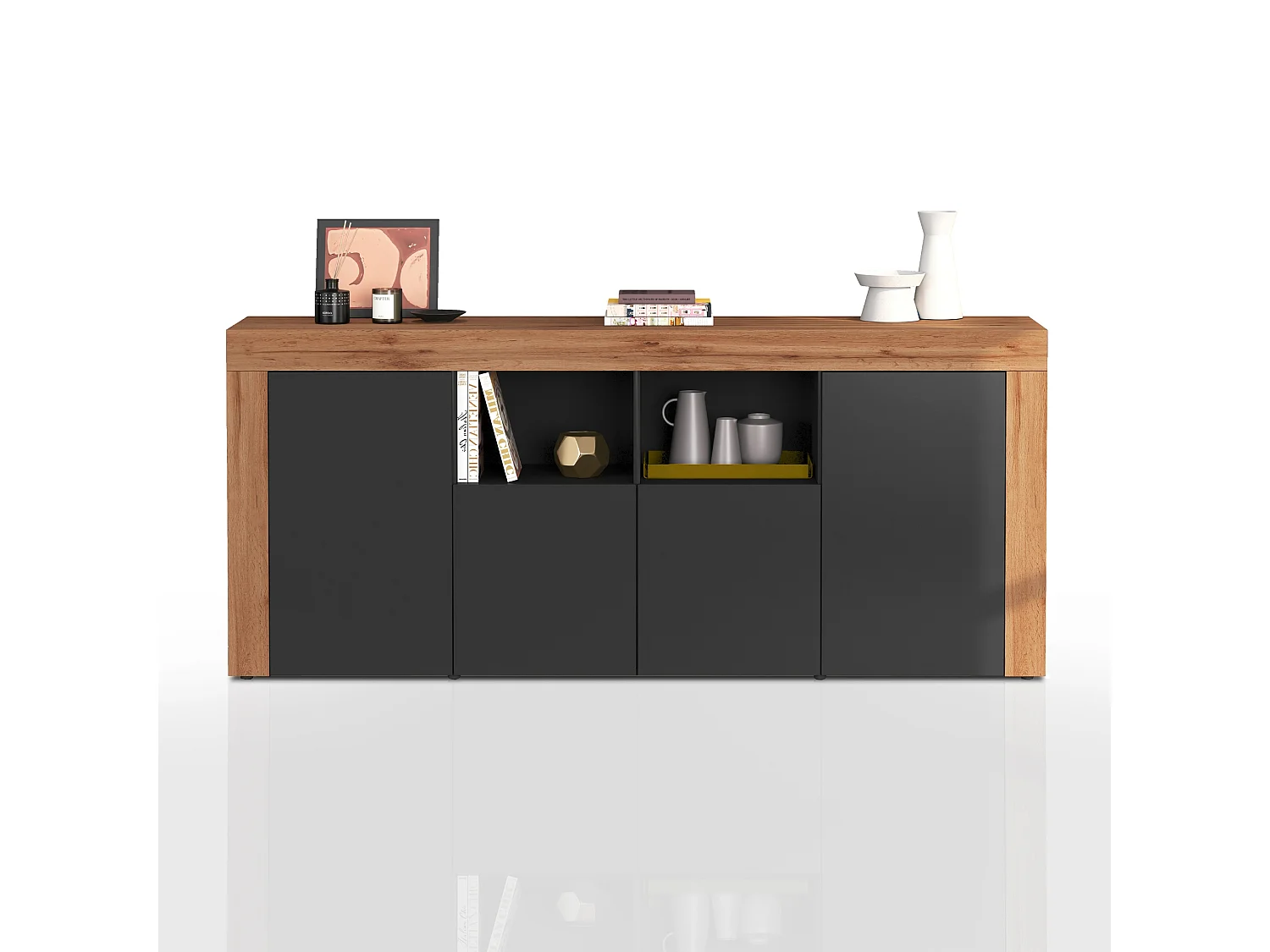 Credenza Chronos 4 ante e 2 vani antracite opaco e rovere 200x40x85 cm