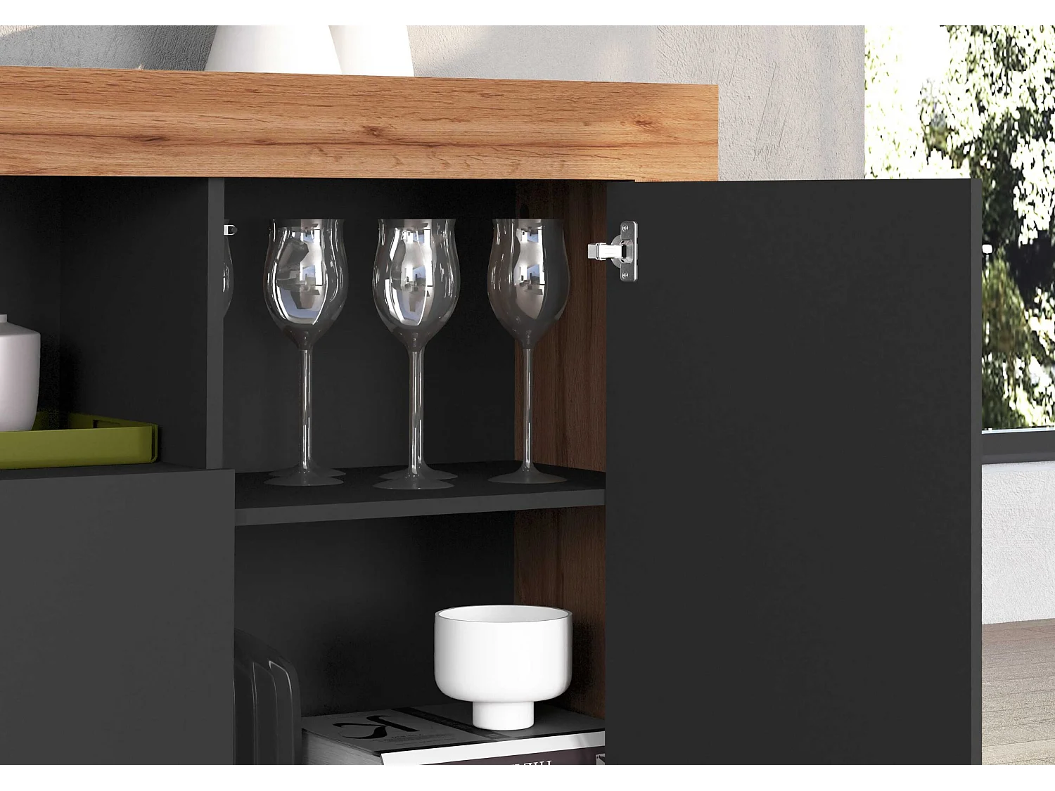 Credenza Chronos 4 ante e 2 vani antracite opaco e rovere 200x40x85 cm