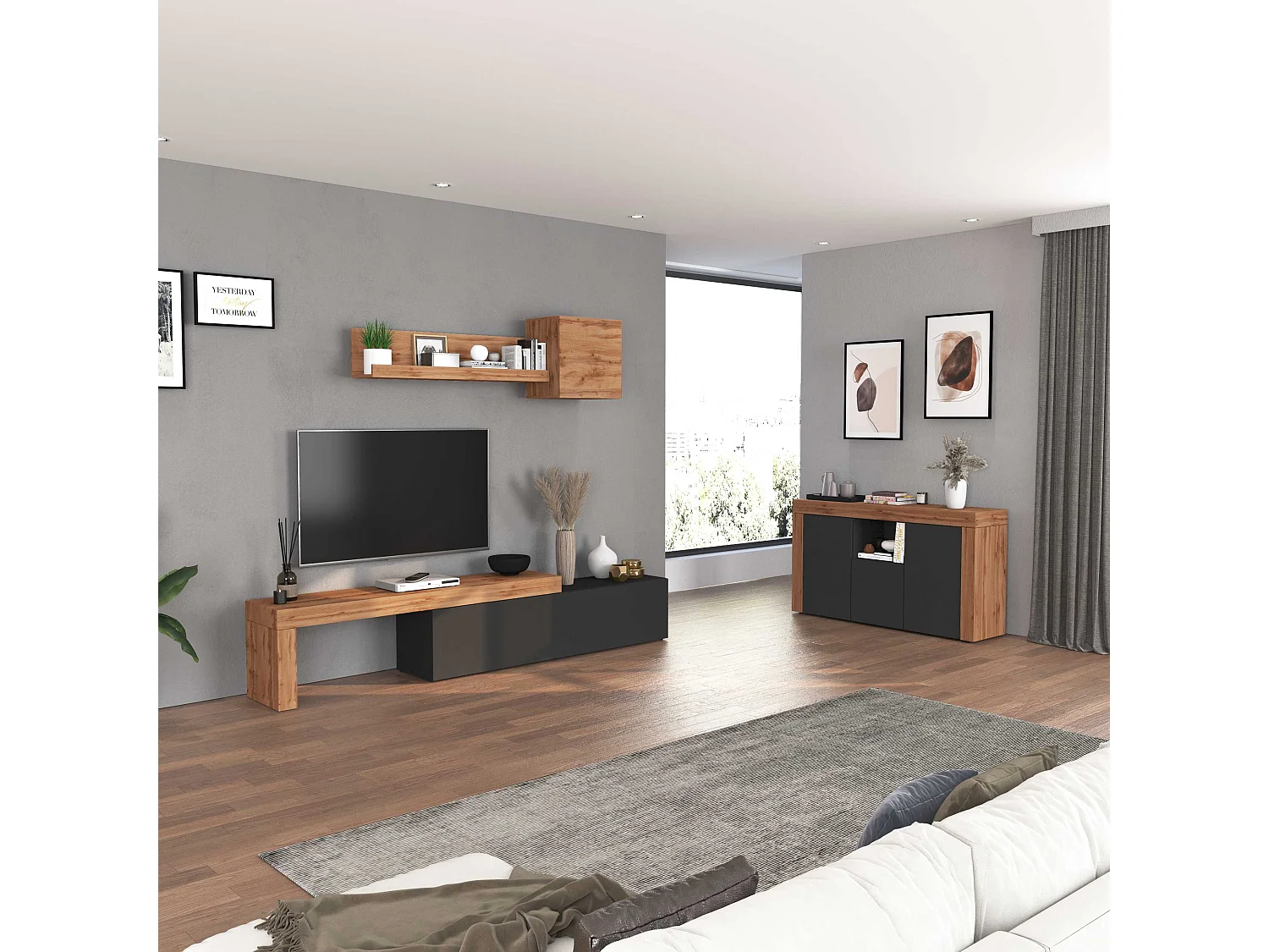 Credenza Chronos 4 ante e 2 vani antracite opaco e rovere 200x40x85 cm