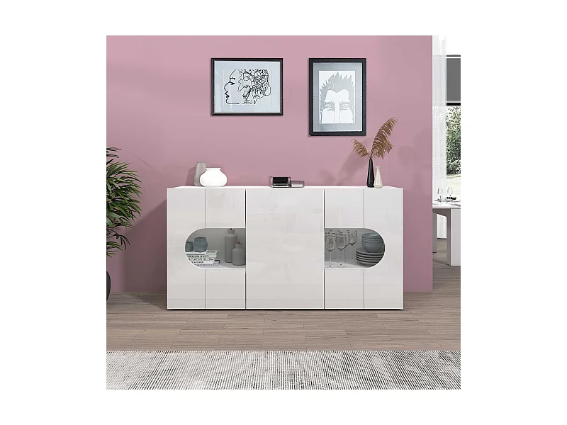 Credenza Real a 3 ante con inserti in vetro espositivi bianco lucido 150x40x80 cm