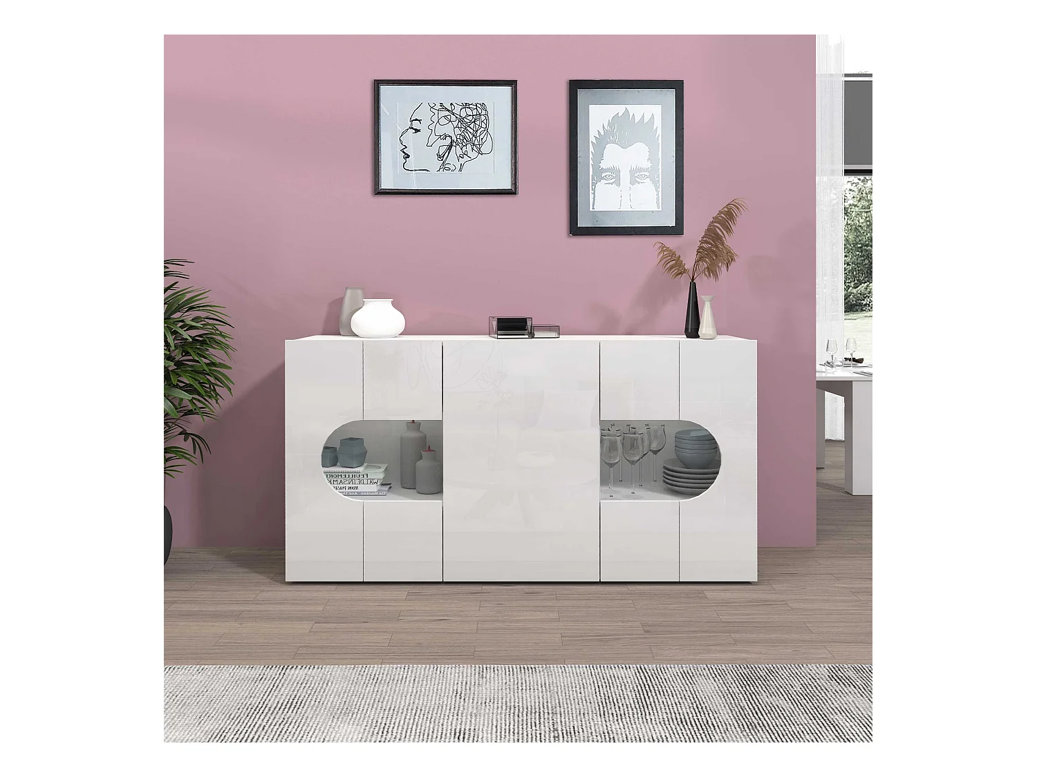 Credenza Real a 3 ante con inserti in vetro espositivi bianco lucido 150x40x80 cm