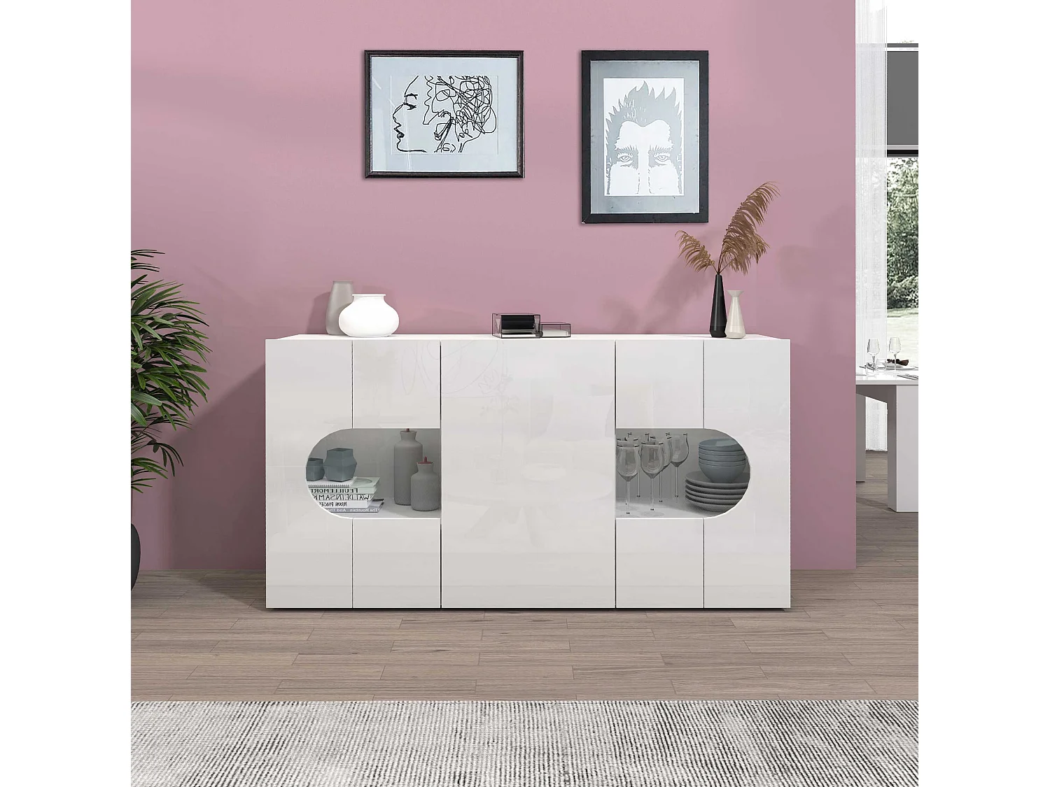 Credenza Real a 3 ante con inserti in vetro espositivi bianco lucido 150x40x80 cm