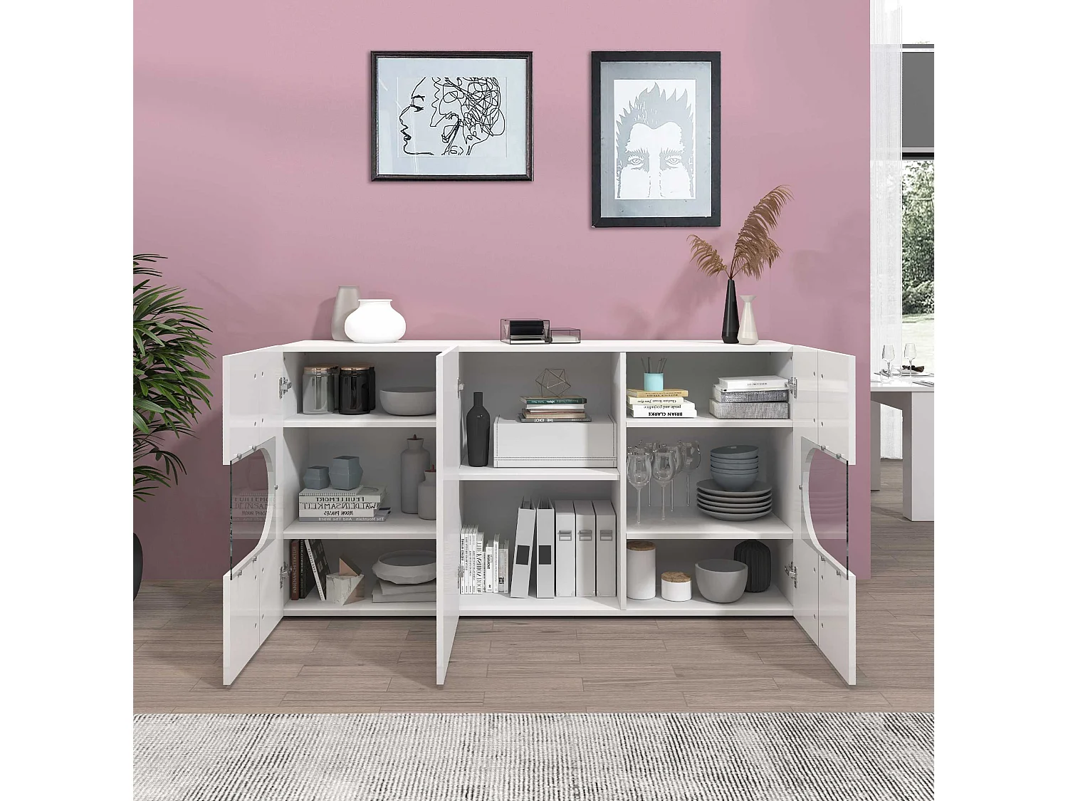 Credenza Real a 3 ante con inserti in vetro espositivi bianco lucido 150x40x80 cm