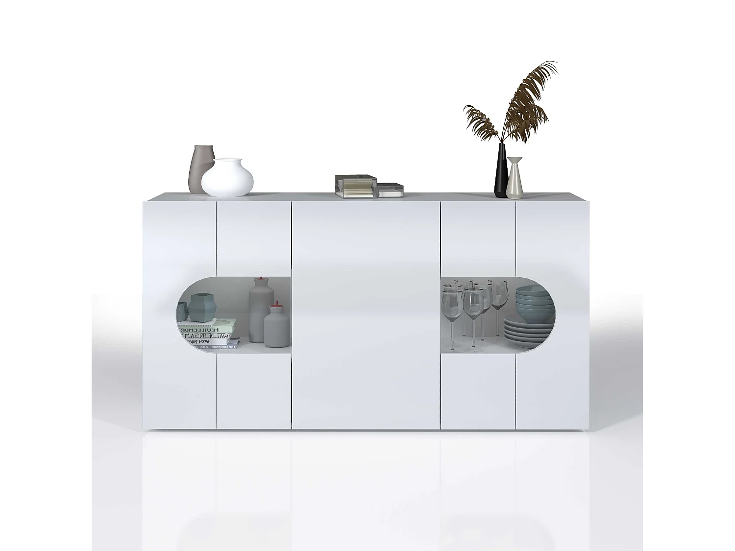 Credenza Real a 3 ante con inserti in vetro espositivi bianco lucido 150x40x80 cm